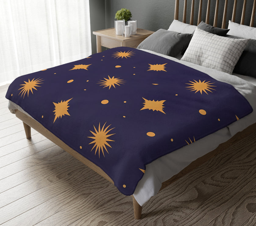 Velveteen Blanket, Geometric Gold Star Two-Sided Print, Cozy Throw, Luxurious Bedding, Soft Couch Cover, Home Decor Accent