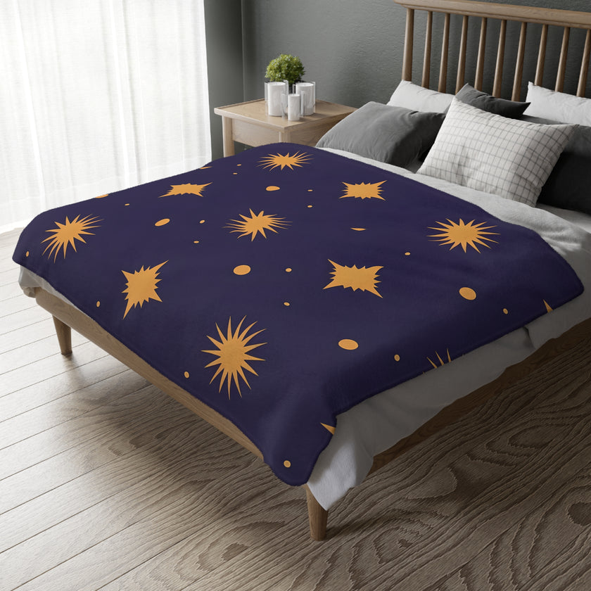 Velveteen Blanket, Geometric Gold Star Two-Sided Print, Cozy Throw, Luxurious Bedding, Soft Couch Cover, Home Decor Accent