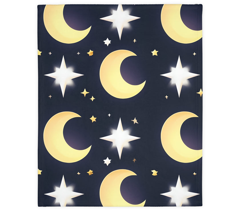 Blanket, Gold Moon and Stars Print, Soft Velveteen Microfiber Throw, Celestial Home Decor, Cozy Bedroom Accent, Night Sky Galaxy Design,