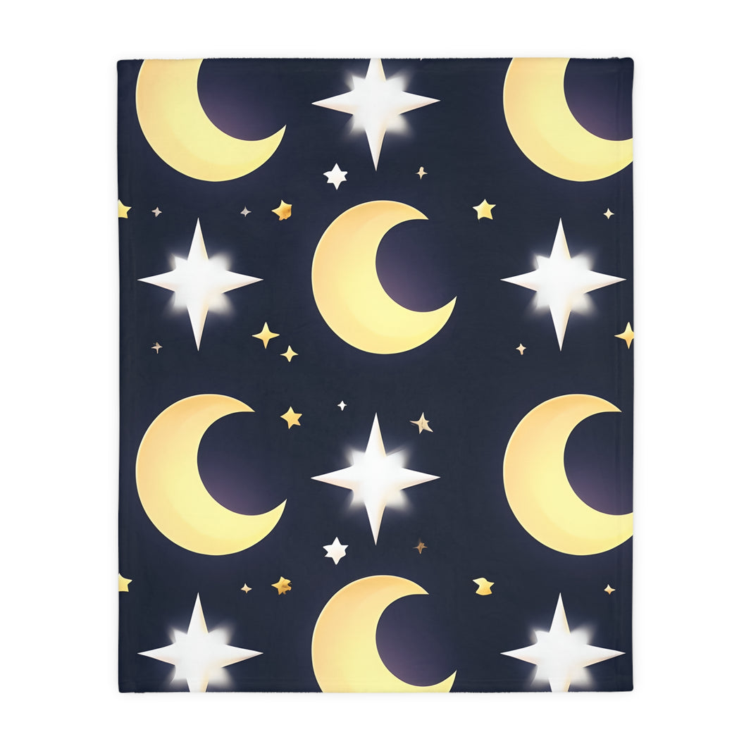 Blanket, Gold Moon and Stars Print, Soft Velveteen Microfiber Throw, Celestial Home Decor, Cozy Bedroom Accent, Night Sky Galaxy Design,