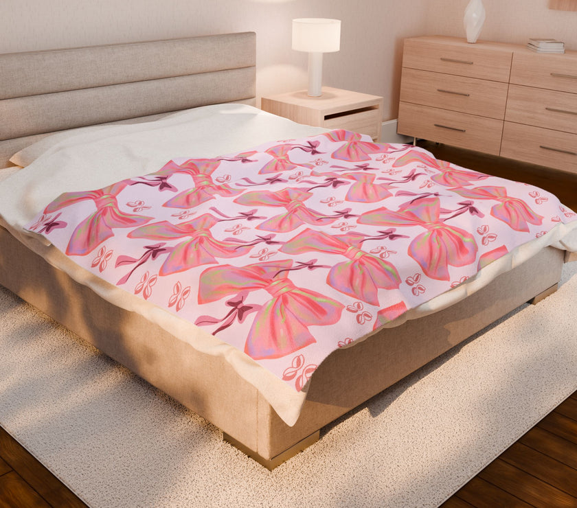 Velveteen Plush Blanket, Cozy Pink Bow Blanket, Soft Fleece Throw, Warm Bedding, Girly Bedroom Decor, Gift for Her