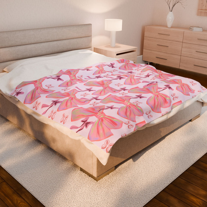 Velveteen Plush Blanket, Cozy Pink Bow Blanket, Soft Fleece Throw, Warm Bedding, Girly Bedroom Decor, Gift for Her