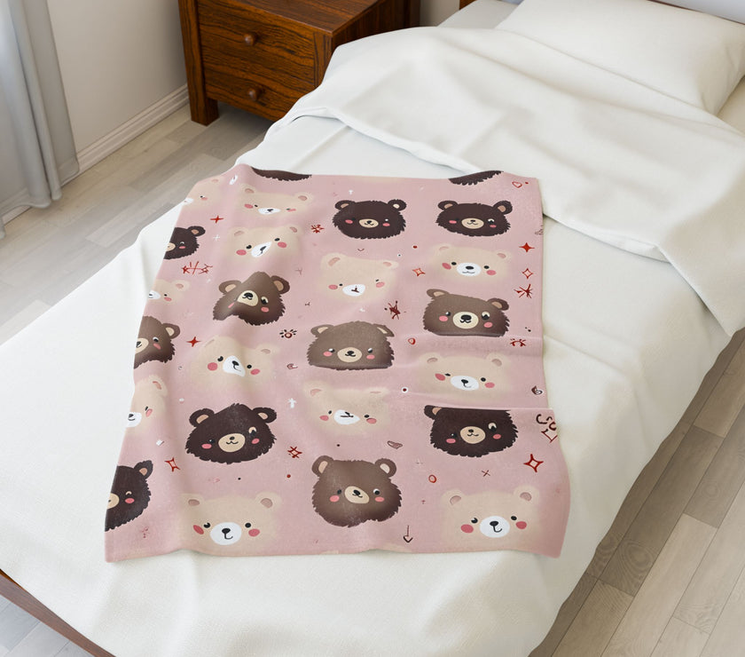 Kids Velveteen Plush Blanket, Pink Teddy Bear Soft Throw for Girls, Children's Gift, Nursery Decor, Cozy Bedding, Baby Shower Present
