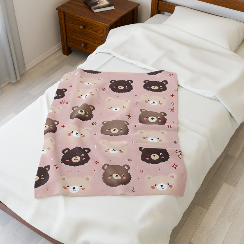Kids Velveteen Plush Blanket, Pink Teddy Bear Soft Throw for Girls, Children's Gift, Nursery Decor, Cozy Bedding, Baby Shower Present