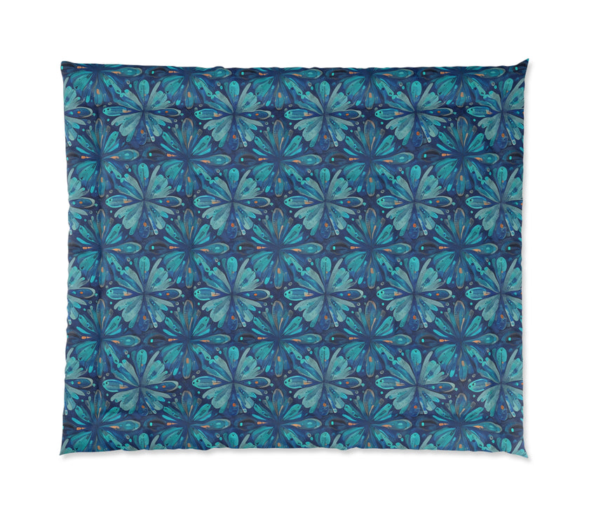 Tropical Floral Comforter, Boho Bedroom Decor, Cozy Quilt for Home, Gift for Her, Ocean Vibe Bedding, blue green flowers