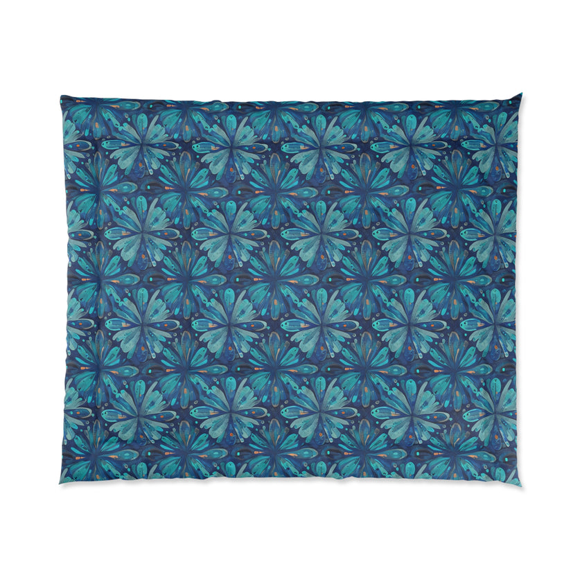 Tropical Floral Comforter, Boho Bedroom Decor, Cozy Quilt for Home, Gift for Her, Ocean Vibe Bedding, blue green flowers