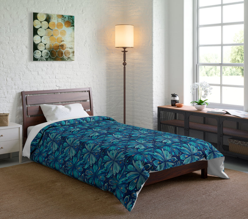 Tropical Floral Comforter, Boho Bedroom Decor, Cozy Quilt for Home, Gift for Her, Ocean Vibe Bedding, blue green flowers