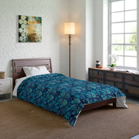 Tropical Floral Comforter, Boho Bedroom Decor, Cozy Quilt for Home, Gift for Her, Ocean Vibe Bedding, blue green flowers