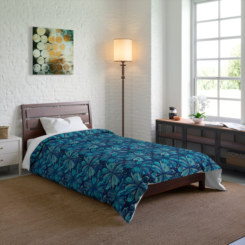 Tropical Floral Comforter, Boho Bedroom Decor, Cozy Quilt for Home, Gift for Her, Ocean Vibe Bedding, blue green flowers