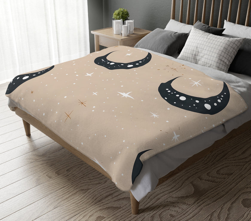 Velveteen Blanket, Pink Moon and Stars Soft Throw, Cozy Bedding, Nursery Decor, Celestial Night Sky Bed Cover, Double Sided Print