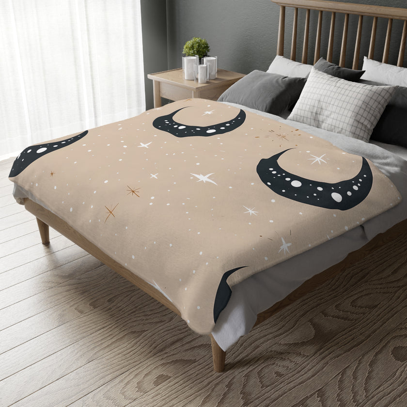 Velveteen Blanket, Pink Moon and Stars Soft Throw, Cozy Bedding, Nursery Decor, Celestial Night Sky Bed Cover, Double Sided Print