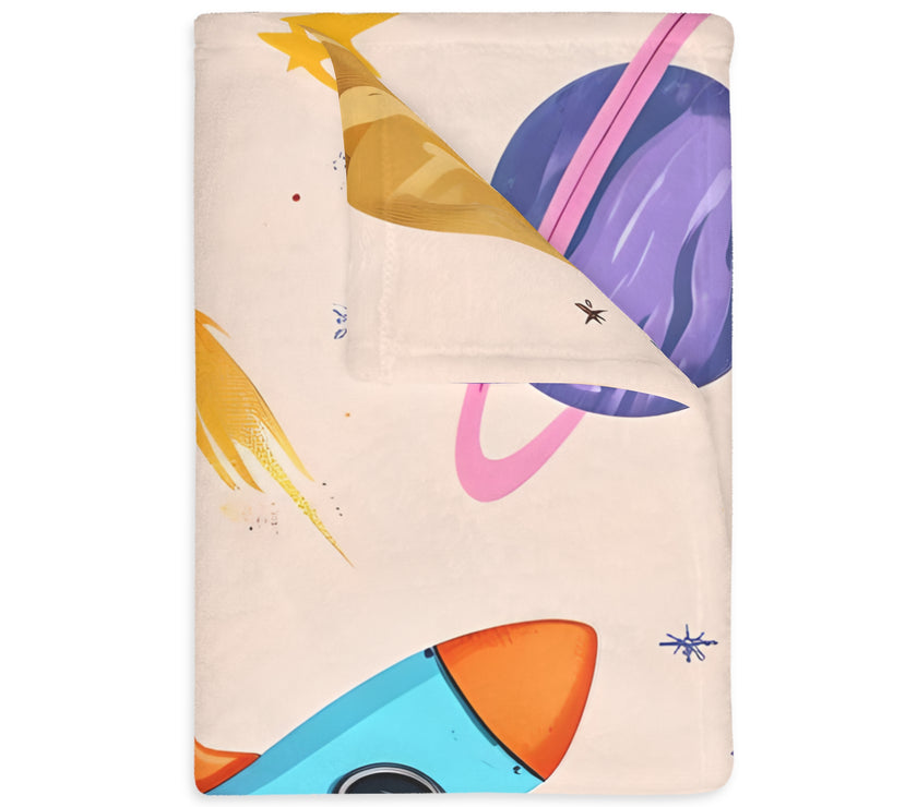 Kids Outer Space Spaceship Rocket Planet Velveteen Microfiber Blanket, Two-sided Print, Children's Bedroom Decor, Boys Girls Gift, Nursery