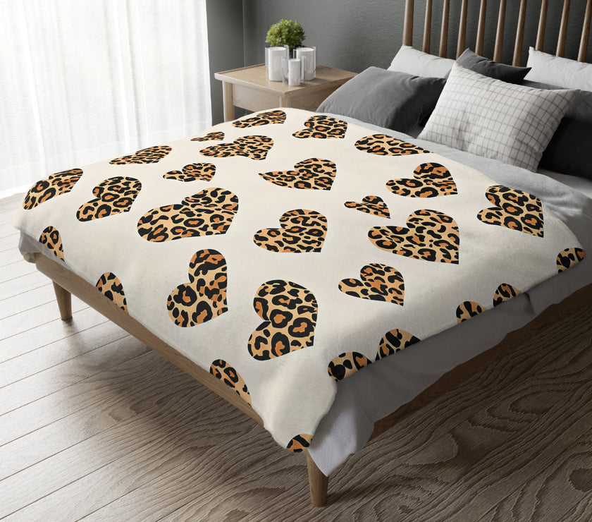 Velveteen Microfiber Blanket, Leopard Print Heart Throw, Cozy Bedding, Animal Lover Gift, Double-sided Couch Cover, Home Decor Accent