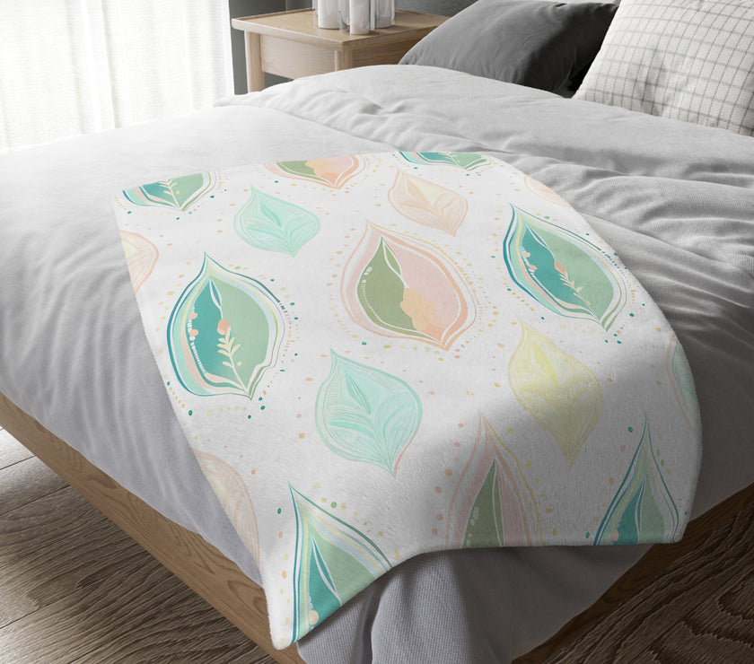 Velveteen Microfiber Blanket, Green Pink Leaf Blanket - Soft Plush Throw, Cozy Winter Bedding, Botanical Home Decor, Gift for Nature Lover,
