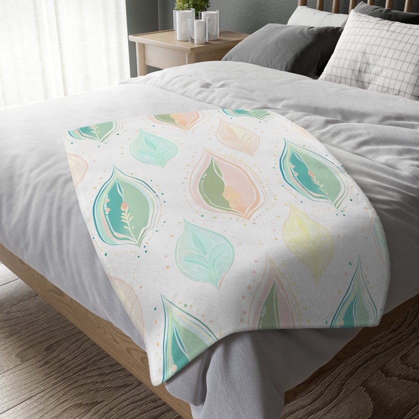 Velveteen Microfiber Blanket, Green Pink Leaf Blanket - Soft Plush Throw, Cozy Winter Bedding, Botanical Home Decor, Gift for Nature Lover,
