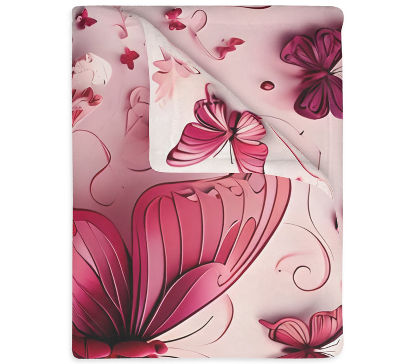 Pink Butterfly  Velveteen Microfiber Blanket (Two-sided print)