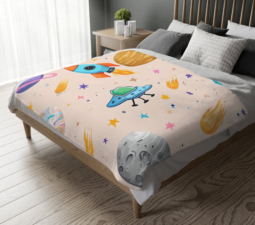 Kids Outer Space Spaceship Rocket Planet Velveteen Microfiber Blanket, Two-sided Print, Children's Bedroom Decor, Boys Girls Gift, Nursery