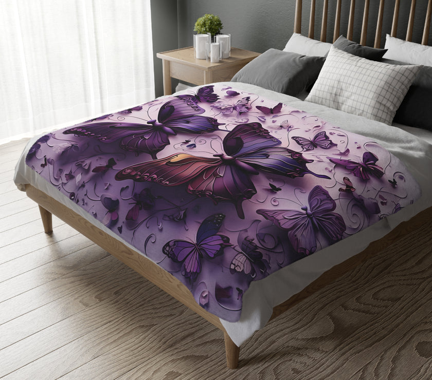 Purple Butterfly Blanket - Ultra Soft Velveteen Microfiber Throw, Reversible Print, Cozy Bedding, Home Decor, Gift for Her, Butterfly Lover,