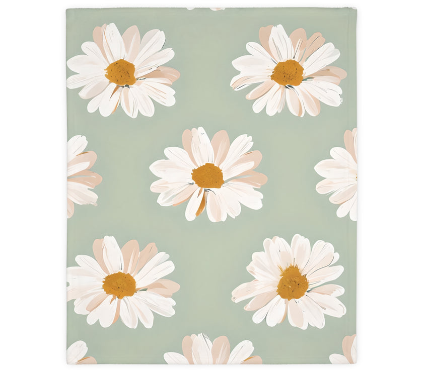 Velveteen Microfiber Blanket, White Daisies on Green - Floral Throw, Botanical Home Decor, Cozy Bedding, Gift for Nature Lovers, Double