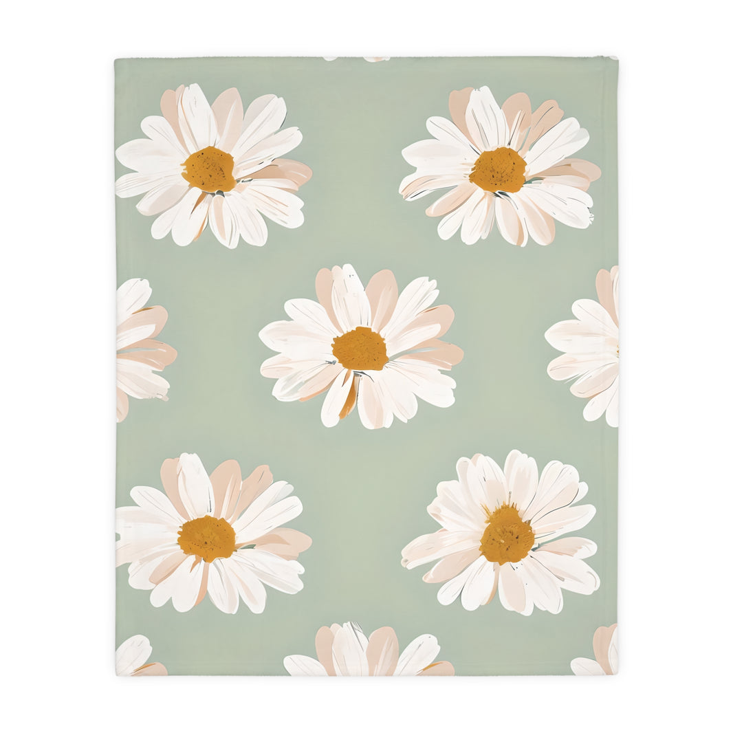 Velveteen Microfiber Blanket, White Daisies on Green - Floral Throw, Botanical Home Decor, Cozy Bedding, Gift for Nature Lovers, Double