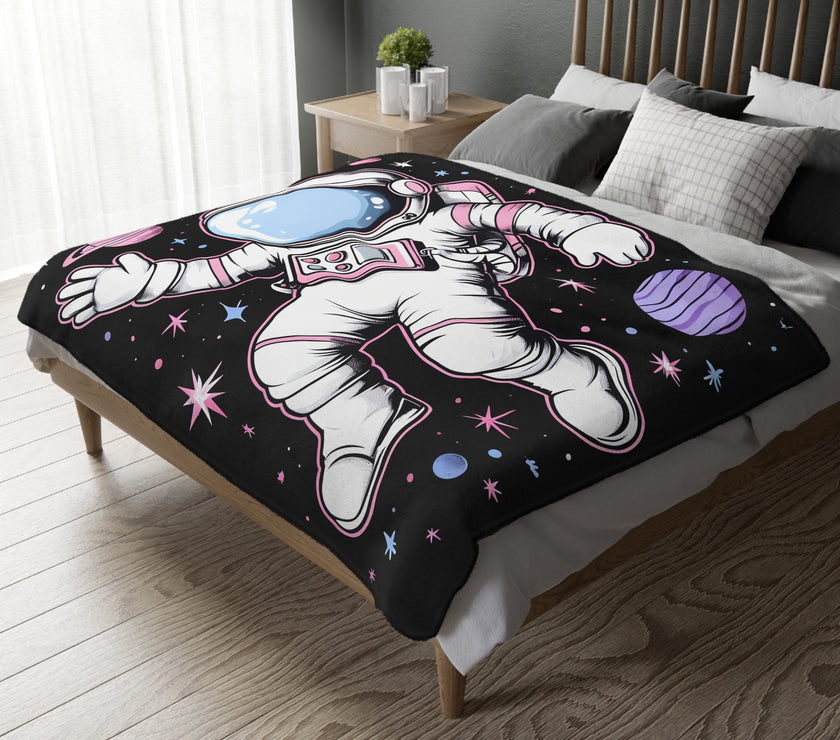 Kids Blanket, Astronaut Spaceman Print, Two-Sided Velveteen Microfiber Throw, Children's Bedroom Decor, Outer Space Theme Bedding, Galaxy