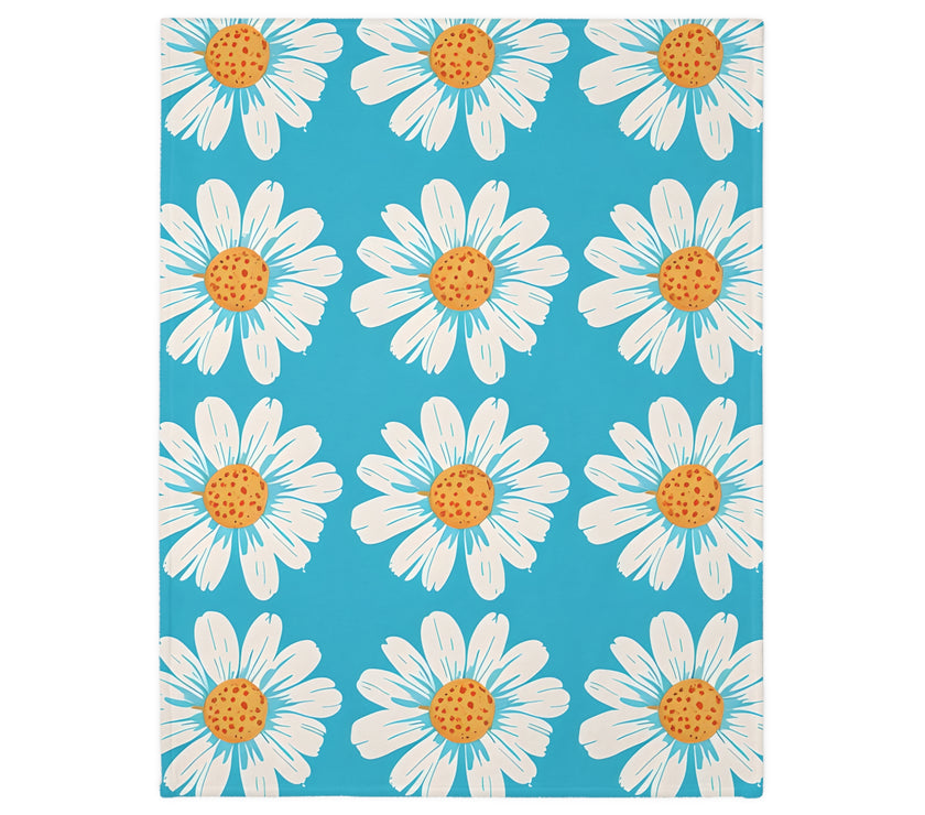 Velveteen Microfiber Blanket, White Daises on Blue Blanket, Floral Throw Blanket, Cozy Couch Blanket, Gift for Her, Home Decor Accent