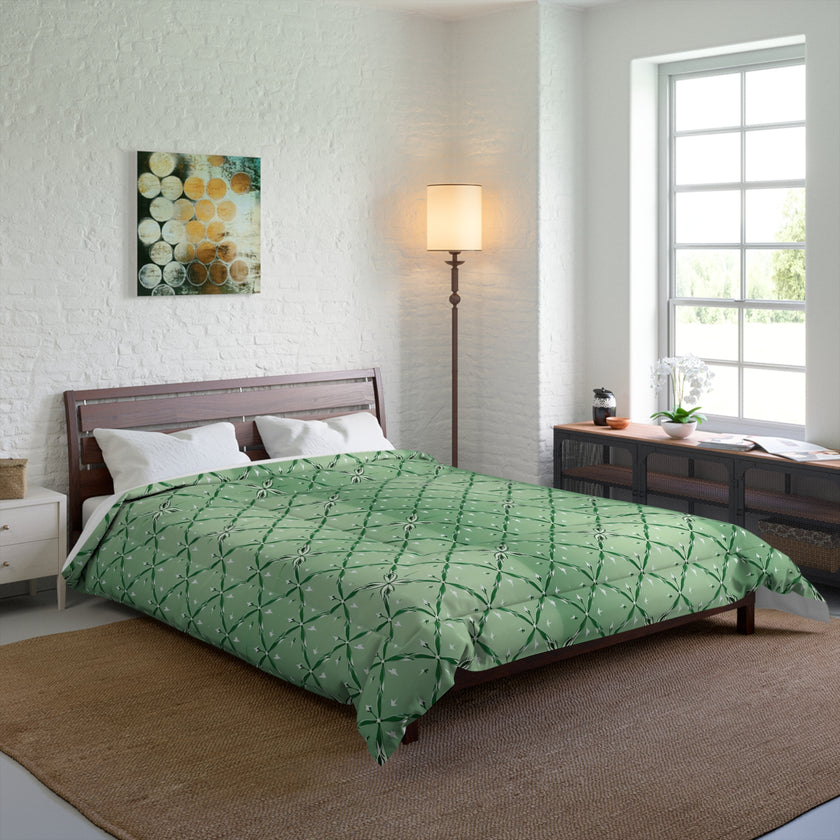 Botanical Green Quilt Comforter, Cozy Floral Pattern Blanket for Bedroom, Spring Decor, Home Warmth, Gift for Her