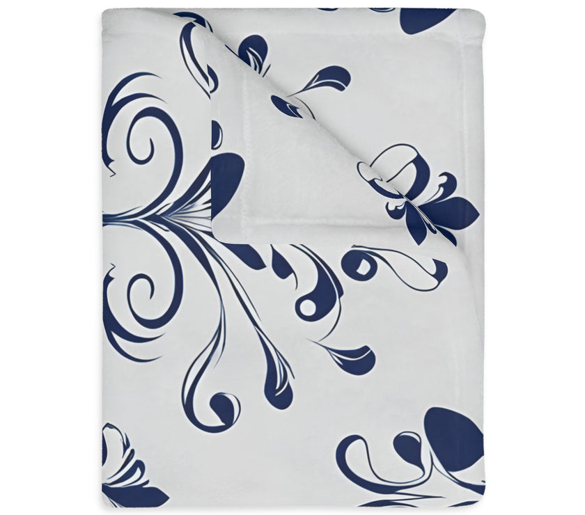 Velveteen Blanket, Blue Floral Print, Soft Throw for Home and Living Room Decor - Microfiber Reversible Couch Cover, Cozy Bedding, Floral