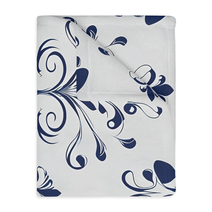 Velveteen Blanket, Blue Floral Print, Soft Throw for Home and Living Room Decor - Microfiber Reversible Couch Cover, Cozy Bedding, Floral
