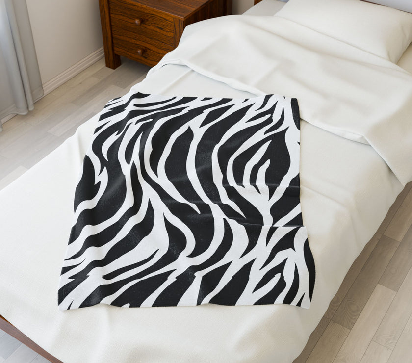 Velveteen Plush Blanket, Zebra Line Design, Cozy Throw for Home Decor, Animal Print Bedding, Safari Wildlife Lover Gift, Black and White