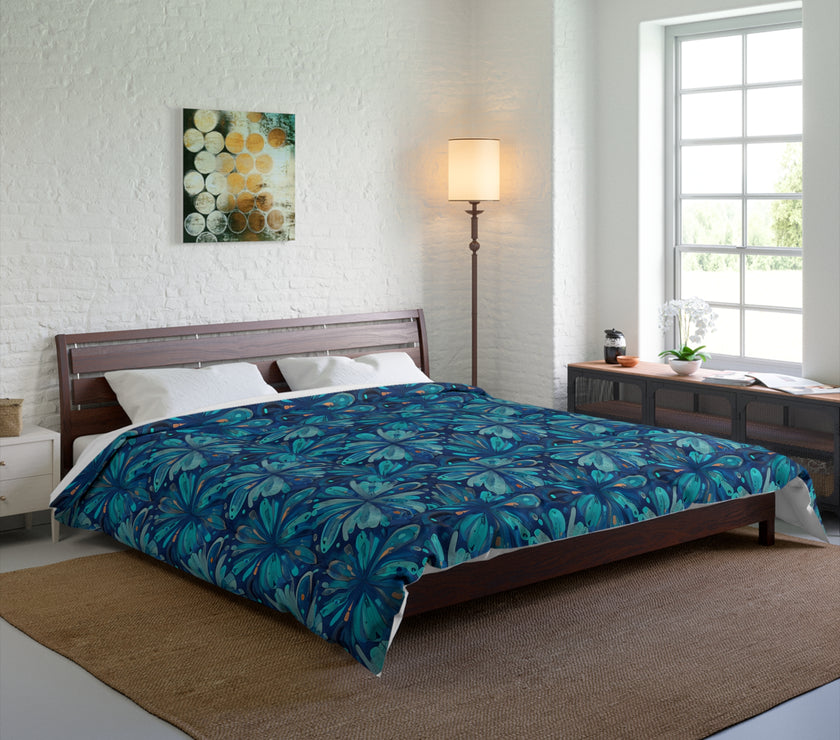 Tropical Floral Comforter, Boho Bedroom Decor, Cozy Quilt for Home, Gift for Her, Ocean Vibe Bedding, blue green flowers