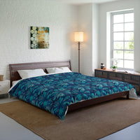 Tropical Floral Comforter, Boho Bedroom Decor, Cozy Quilt for Home, Gift for Her, Ocean Vibe Bedding, blue green flowers