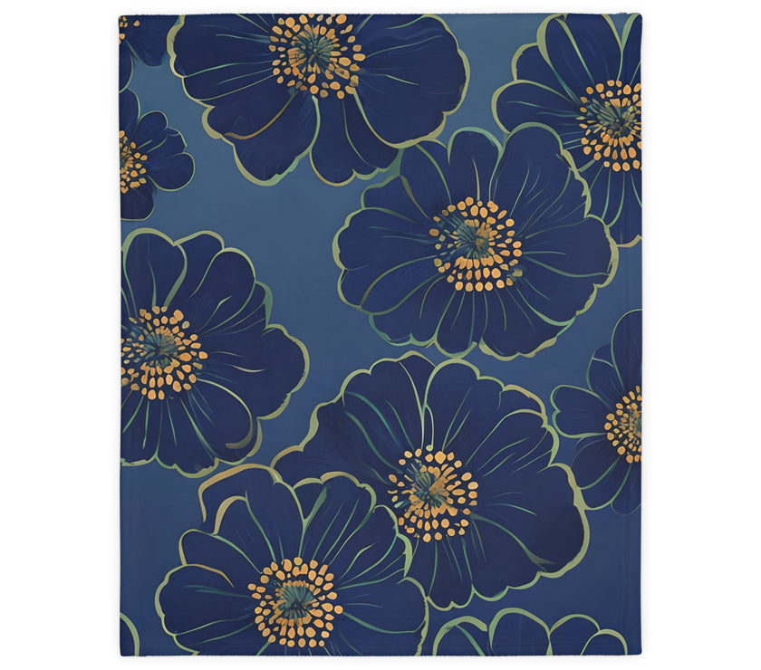 Blanket, Cozy Velveteen Microfiber Two-Sided Print Blue Floral Design - Throw, Bedding, Home Decor, Living Room Accent, Gift Idea