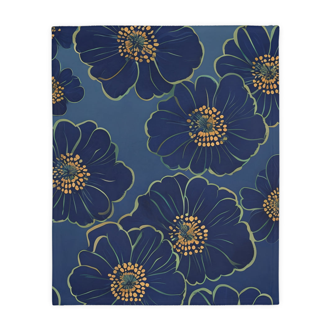 Blanket, Cozy Velveteen Microfiber Two-Sided Print Blue Floral Design - Throw, Bedding, Home Decor, Living Room Accent, Gift Idea