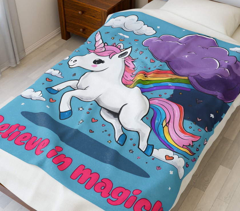 Blue Rainbow Unicorn Velveteen Plush Blanket