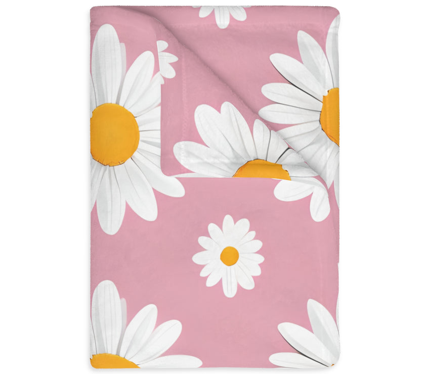 Pink White Daisey Velveteen Microfiber Blanket (Two-sided print)