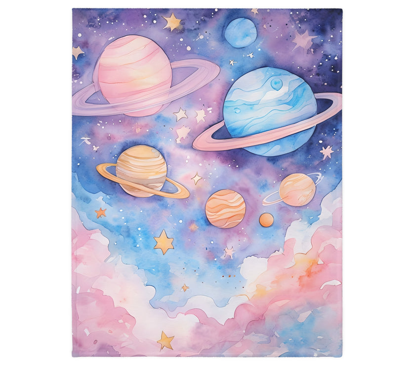 Kids Blanket, Velveteen Microfiber Blanket with Planet Moon and Stars Design - Two-sided Print, Children's Throw, Outer Space Bedding,