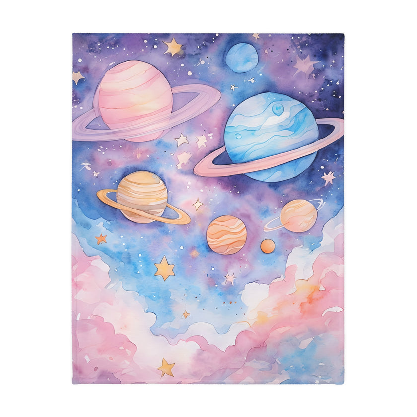 Kids Blanket, Velveteen Microfiber Blanket with Planet Moon and Stars Design - Two-sided Print, Children's Throw, Outer Space Bedding,