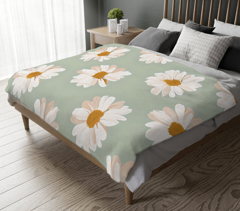 Velveteen Microfiber Blanket, White Daisies on Green - Floral Throw, Botanical Home Decor, Cozy Bedding, Gift for Nature Lovers, Double