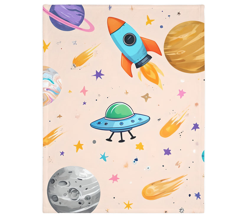 Kids Outer Space Spaceship Rocket Planet Velveteen Microfiber Blanket, Two-sided Print, Children's Bedroom Decor, Boys Girls Gift, Nursery