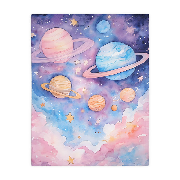 Kids Blanket, Velveteen Microfiber Blanket with Planet Moon and Stars Design - Two-sided Print, Children's Throw, Outer Space Bedding,