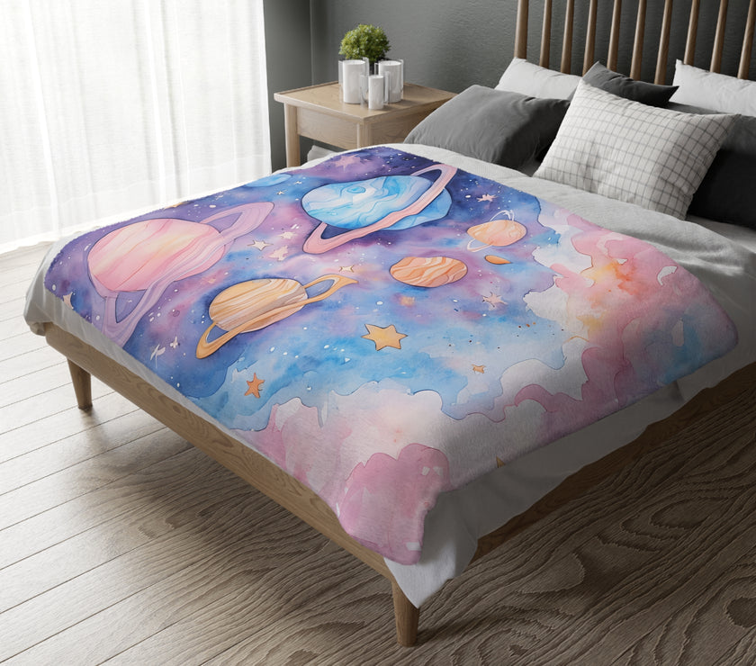 Kids Blanket, Velveteen Microfiber Blanket with Planet Moon and Stars Design - Two-sided Print, Children's Throw, Outer Space Bedding,