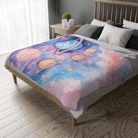 Kids Blanket, Velveteen Microfiber Blanket with Planet Moon and Stars Design - Two-sided Print, Children's Throw, Outer Space Bedding,