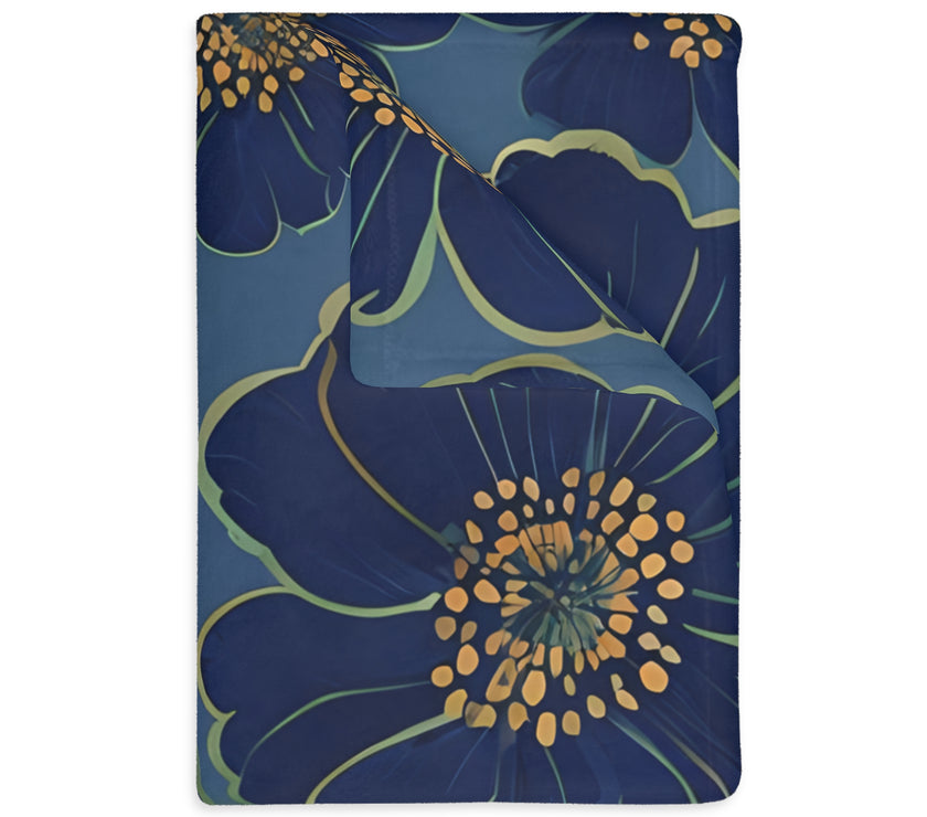 Blanket, Cozy Velveteen Microfiber Two-Sided Print Blue Floral Design - Throw, Bedding, Home Decor, Living Room Accent, Gift Idea