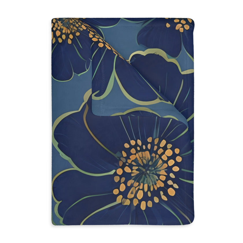 Blanket, Cozy Velveteen Microfiber Two-Sided Print Blue Floral Design - Throw, Bedding, Home Decor, Living Room Accent, Gift Idea