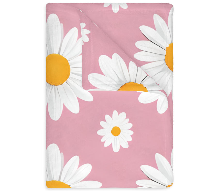 Pink White Daisey Velveteen Microfiber Blanket (Two-sided print)