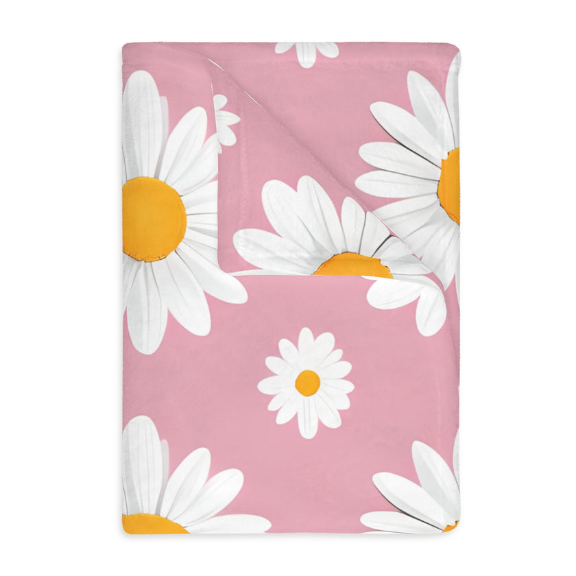 Pink White Daisey Velveteen Microfiber Blanket (Two-sided print)