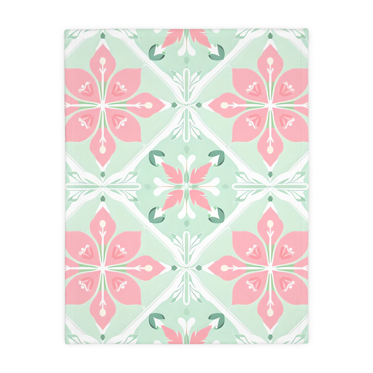 Green Pink Floral Velveteen Microfiber Blanket (Two-sided print)