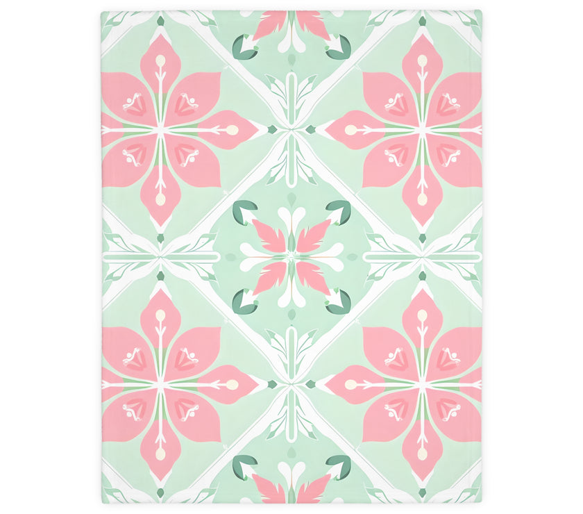 Green Pink Floral Velveteen Microfiber Blanket (Two-sided print)