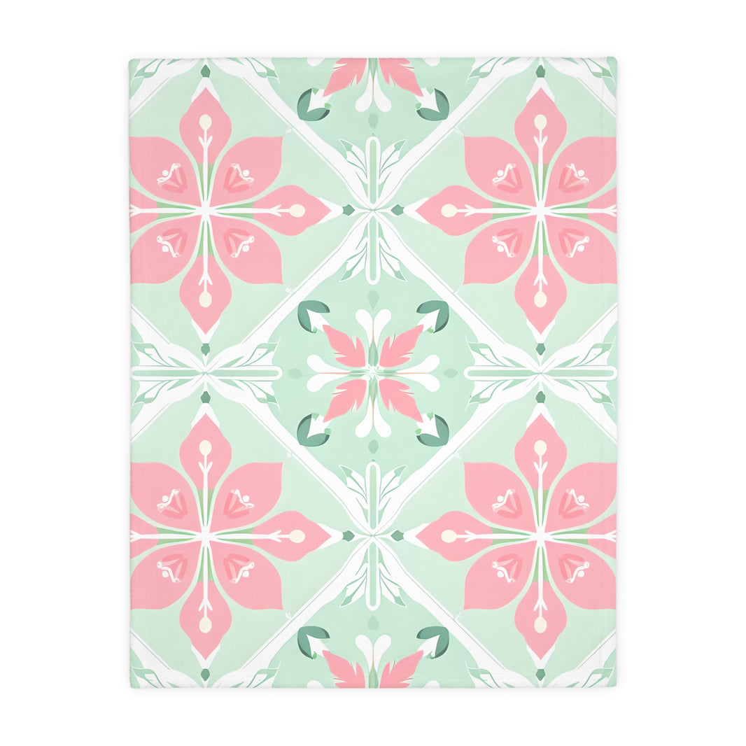 Green Pink Floral Velveteen Microfiber Blanket (Two-sided print)